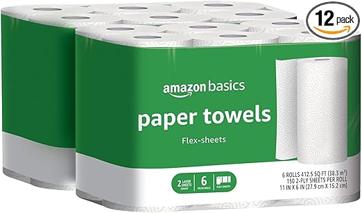 Amazon Basics 2-Ply Flex-Sheets Paper Towels, 12 Basics Rolls = 32 Regular Rolls, Everyday Value with 150 Sheets per Roll