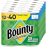 Bounty Quick-Size Paper Towels, White, 12 Family Triple Rolls = 40 Regular Rolls