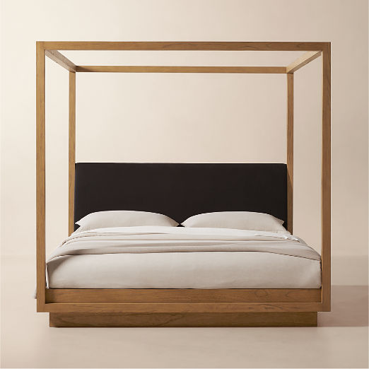 Clauson Black Upholstered and Wood Canopy Queen Bed